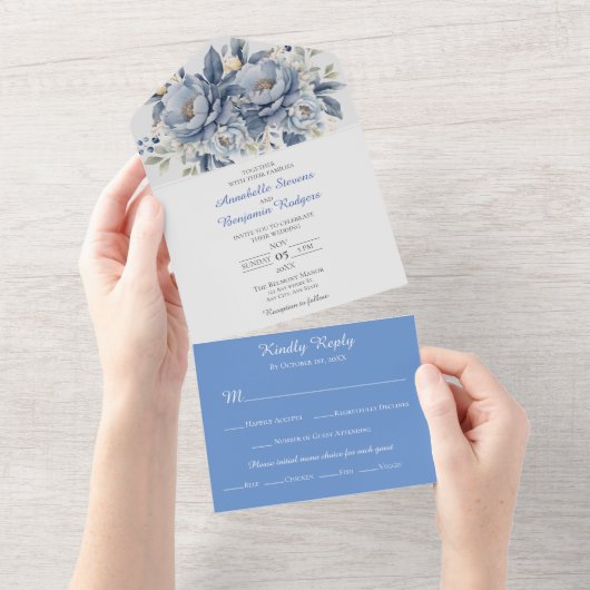 青エレガント白と灰色のフローラ結婚の オールインワン招待状 (貼ってはがせる)