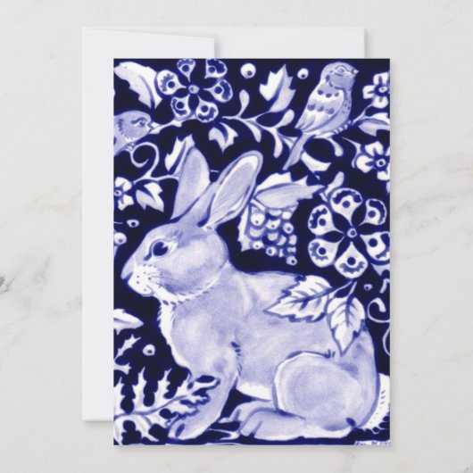 青エレガント白のイースターブランチウサギの鳥のアート 招待状 (裏面)