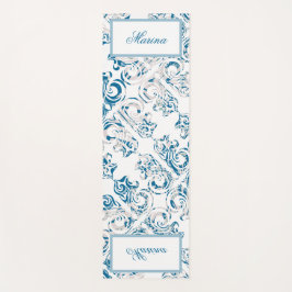 青エレガント白の柄と名前 ヨガマット