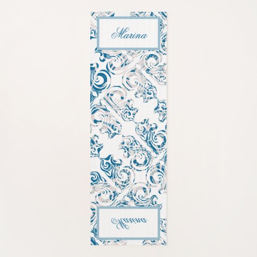 青エレガント白の柄と名前 ヨガマット (正面)