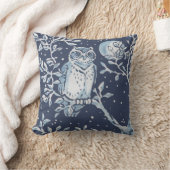 青エレガント白の森フクロウ月の森の芸術 クッション (ブランケット)