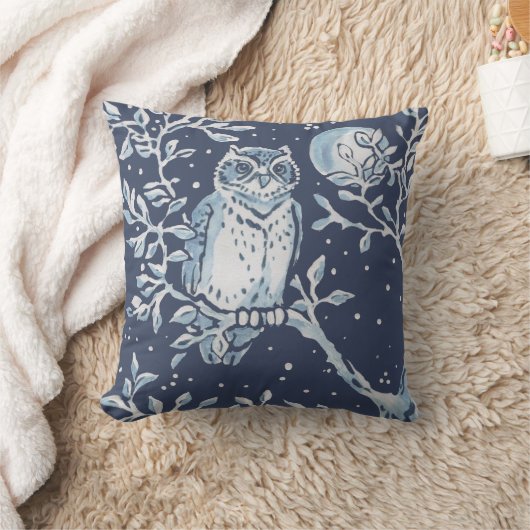 青エレガント白の森フクロウ月の森の芸術 クッション (ブランケット)