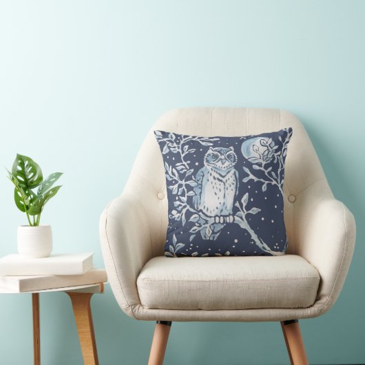 青エレガント白の森フクロウ月の森の芸術 クッション (椅子)