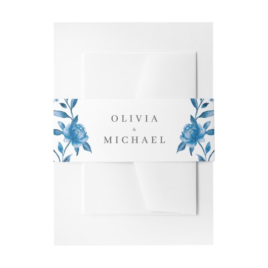 青エレガント白の水色のフローラ結婚 招待状ベリーバンド (正面例)