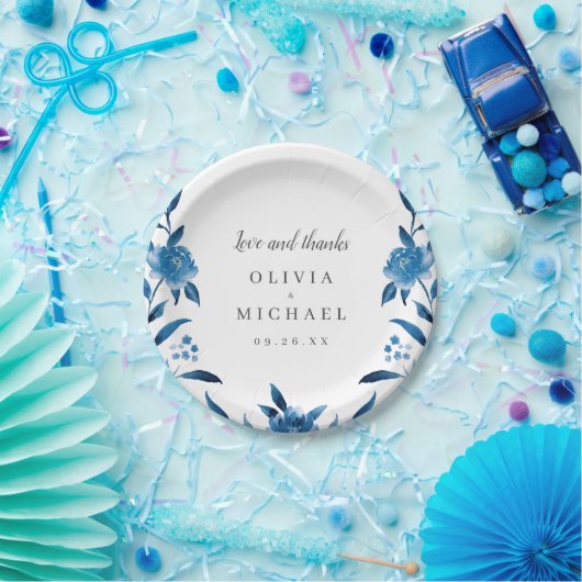 青エレガント白の水色フローラ結婚 ペーパープレート (パーティー)