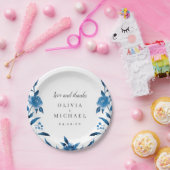 青エレガント白の水色フローラ結婚 ペーパープレート (パーティー)