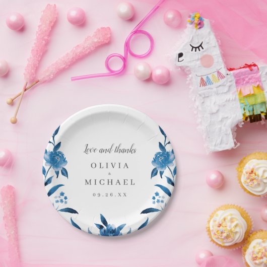 青エレガント白の水色フローラ結婚 ペーパープレート (パーティー)