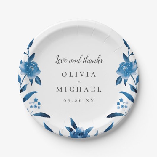 青エレガント白の水色フローラ結婚 ペーパープレート (正面)