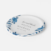 青エレガント白の水色フローラ結婚 ペーパープレート (アングル)