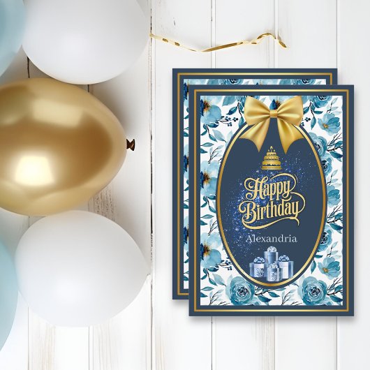 青エレガント白の水色フローラ誕生日カード