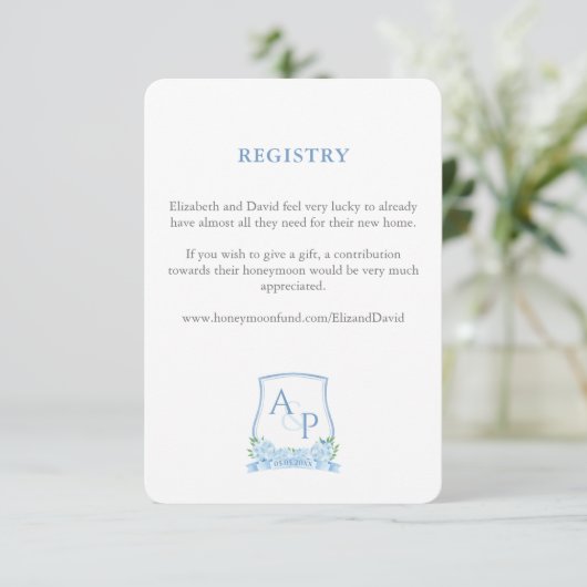 青エレガント白の紋章結婚簿 エンクロージャーカード (スタンド正面)