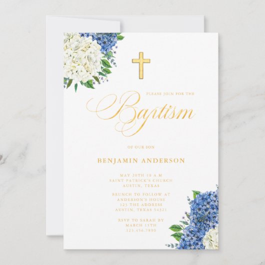 青エレガント白アジサイ金ゴールドクロスバプテスマ 招待状 (正面)