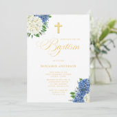 青エレガント白アジサイ金ゴールドクロスバプテスマ 招待状 (スタンド正面)