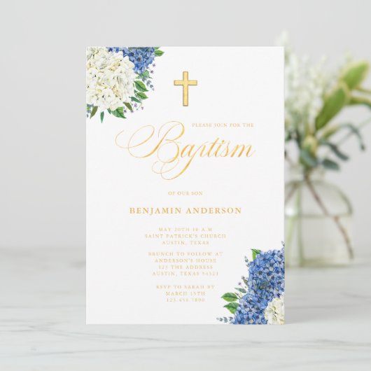 青エレガント白アジサイ金ゴールドクロスバプテスマ 招待状 (スタンド正面)