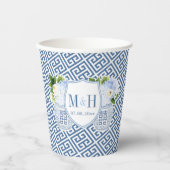 青エレガント白カップルクレストブライダルシャワー 紙コップ (正面)