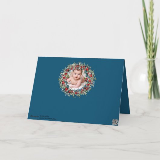 青エレガント白クリスマスフォトクリスマスリース シーズンカード (裏面)