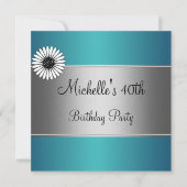 青エレガント白フラワーシルバー40歳の誕生日 招待状 (正面)