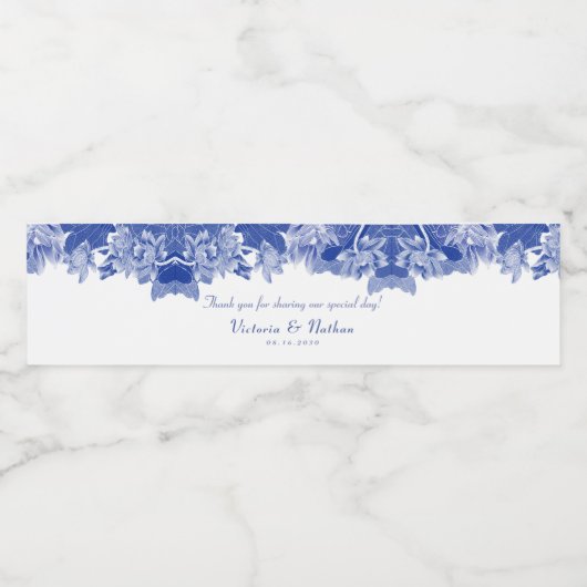 青エレガント白フローラお水結婚ありがとう ペットボトルラベル (シングルラベル)