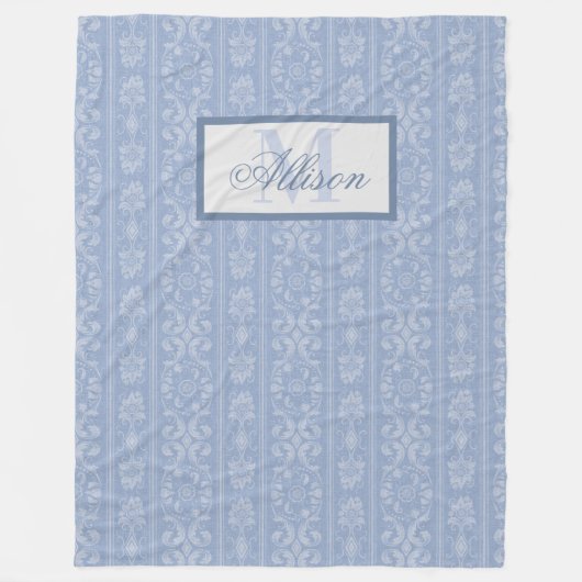 青エレガント白フローラダマスクモノグラムの フリースブランケット (正面)