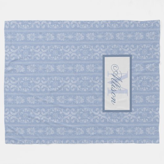 青エレガント白フローラダマスクモノグラムの フリースブランケット (正面(横))