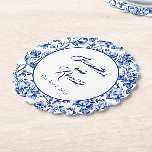 青エレガント白フローラトワ結婚ーズ ペーパーコースター (アングル)