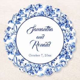 青エレガント白フローラトワ結婚ーズ ペーパーコースター