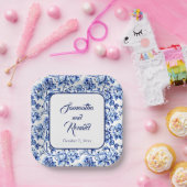 青エレガント白フローラトワ結婚ーズ ペーパープレート (パーティー)