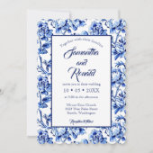 青エレガント白フローラトワ結婚ーズ 招待状 (正面)