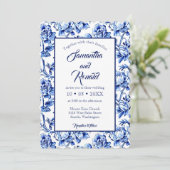 青エレガント白フローラトワ結婚ーズ 招待状 (スタンド正面)