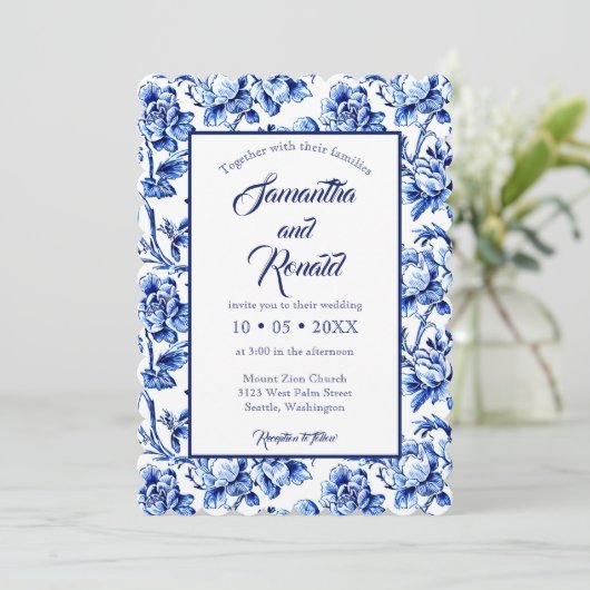 青エレガント白フローラトワ結婚ーズ 招待状 (スタンド正面)