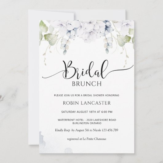 青エレガント白フローラブライダルシャワー 招待状 (正面)