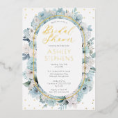 青エレガント白フローラブライダルシャワー 箔招待状 (正面)