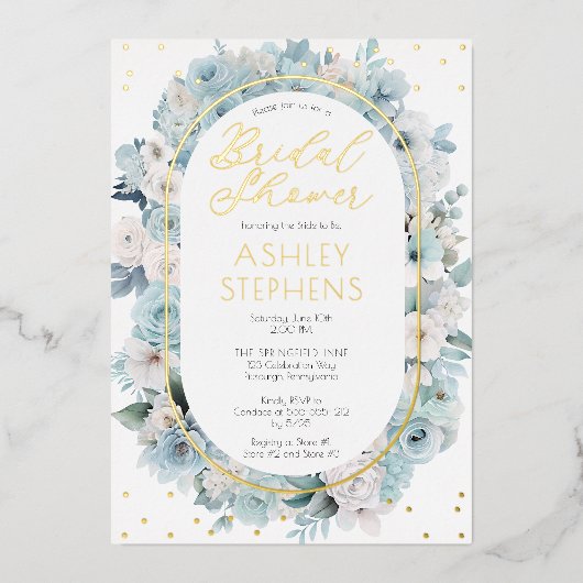青エレガント白フローラブライダルシャワー 箔招待状 (正面)