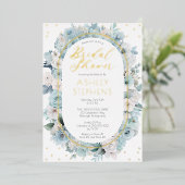 青エレガント白フローラブライダルシャワー 箔招待状 (立ち正面)