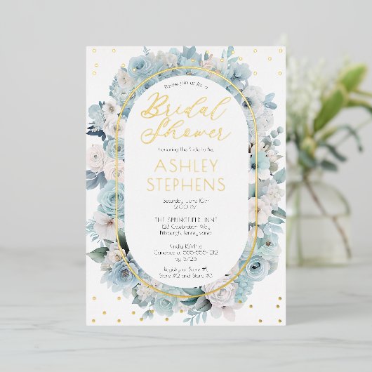 青エレガント白フローラブライダルシャワー 箔招待状 (立ち正面)