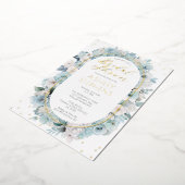 青エレガント白フローラブライダルシャワー 箔招待状 (回転した状態)