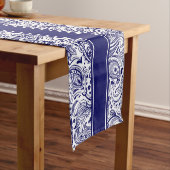 青エレガント白フローラペイズリーとストライプ ショートテーブルランナー (インサイチュ)