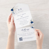 青エレガント白フローラモノグラム結婚のQRコード オールインワン招待状 (貼ってはがせる)