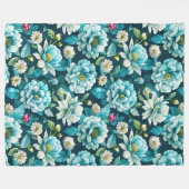 青エレガント白フローラルフリース空白の フリースブランケット (正面(横))