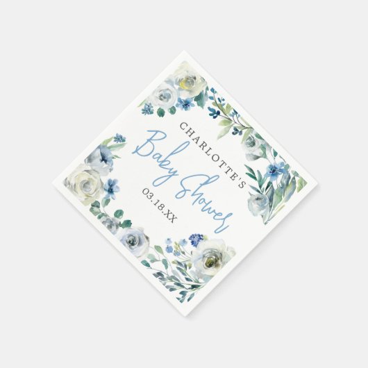 青エレガント白フローラ春男の子ベイビーシャワー スタンダードカクテルナプキン (角)