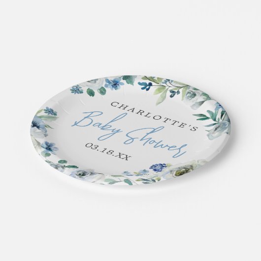青エレガント白フローラ春男の子ベイビーシャワー ペーパープレート (アングル)