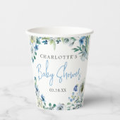 青エレガント白フローラ春男の子ベイビーシャワー 紙コップ (正面)
