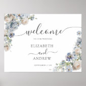 青エレガント白フローラ歓迎結婚の ポスター (正面)