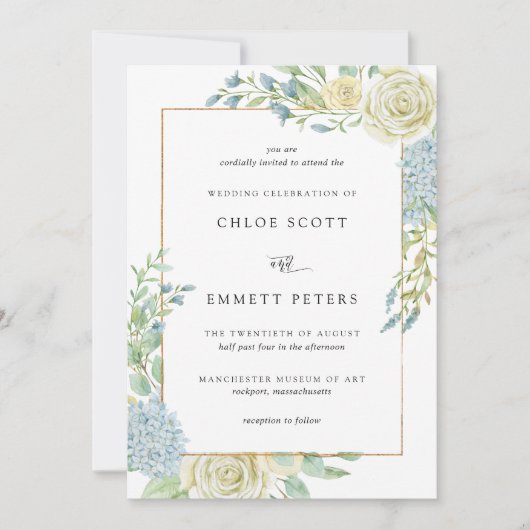 青エレガント白フローラ結婚ズ 招待状 (正面)