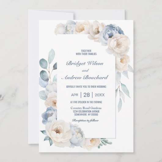 青エレガント白フローラ結婚ズ 招待状 (正面)