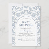 青エレガント白フローラ赤ちゃんシャワー 招待状 (正面)