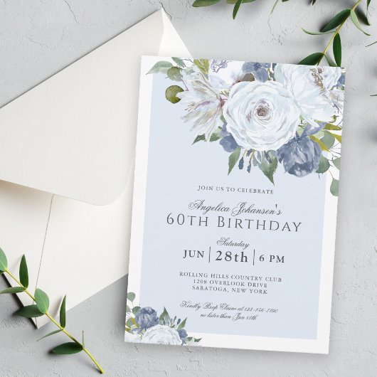 青エレガント白フローラ60th誕生日パーティー 招待状