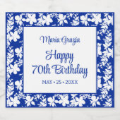 青エレガント白フローラ70誕生日 スパークリングワインラベル (シングルラベル)