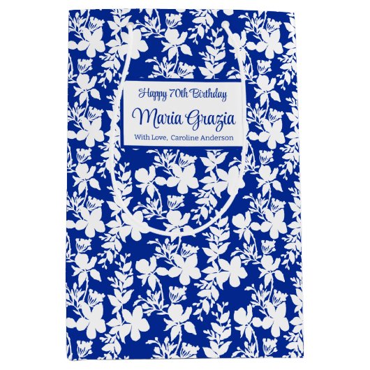 青エレガント白フローラ70誕生日 ミディアムペーパーバッグ (正面)