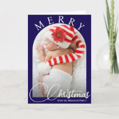 青エレガント白メリークリスマス家族の写真 シーズンカード (正面)